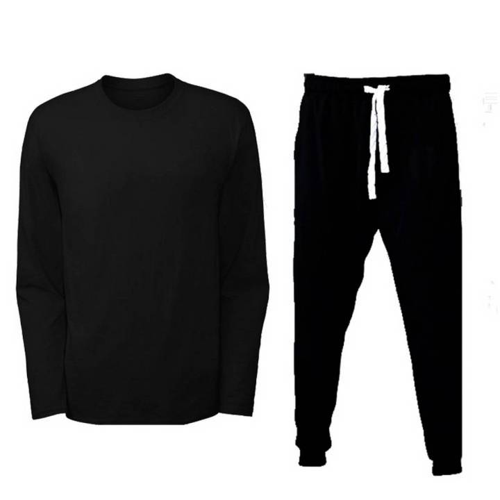 Plain Black T shirt With Matching Trouser Full Sleeves Round Neck Cotton T Shirts Sports Wear For Men