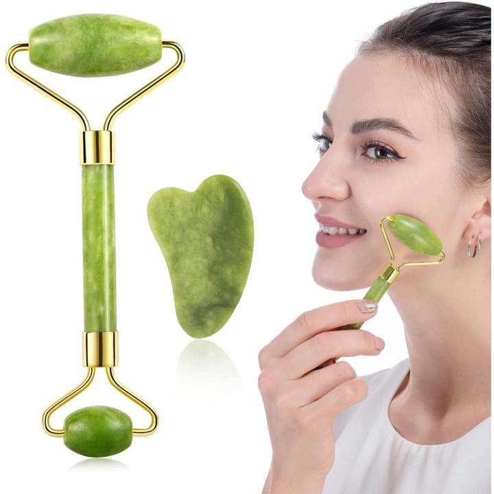 Original Jade Roller and Gua Sha Set - Jade Face Roller - Face Roller: 100% Real Natural Jade - Face Massager, Anti-AgingTool, Facial Roller for Face, Eyes, Neck - Authentic, Durable, Noiseless Design