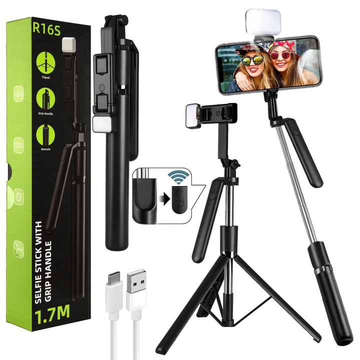 PakJAStore R16S 1.7M Extendable Selfie Stick with Tripod Stand, Adjustable Grip Handle, Wireless Bluetooth, Rechargeable LED Light, and USB Charging - Perfect for Mobile Photography, Video Recording, Vlogging, and Live Streaming with Enhanced Stability