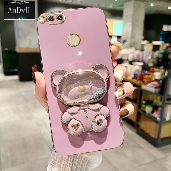 AnDyH Phone Case for Xiaomi Mi A1 5X 2017 Cute Quicksand Liquid Bear Bracket Anti Drop Camera Protection