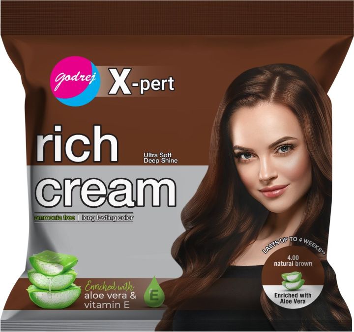 Natural Brown Shade Godrej Rich Creme Hair Color Sachet - Ultra Soft & Deep Shine - Enriched with Aloe Vera and Vitamin E