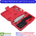 12V Mini Electric PCB Drill Grinder Machine Kit with 5 HSS Bits, Collets, Sanding Drums & Power Adapter for DIY PCB Projects by Electrica. 