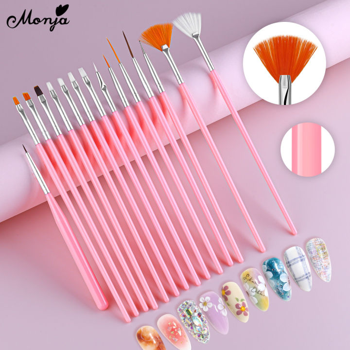 Monja 15Pcs/Set Nail Art Brush Acrylic UV Gel French Design Painting Line Manicure Brush Rhinestone Embellished Manicure Tools