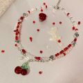 Goth Cherry Strawberry Pendant Pearl Beaded Necklace Sweet Cool Clavicle Chain Bayline. 