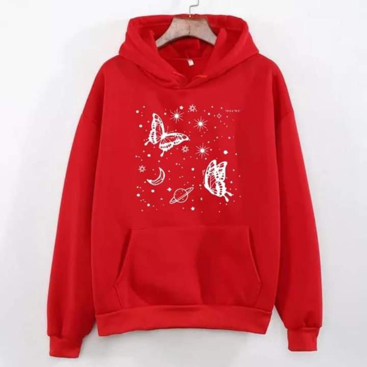 Red Butterfly and Stars Printed Winter Fleece Hoodie for women and Girls