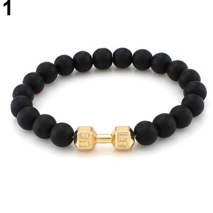 Unisex Fashion Black Matte Stone Dumbbell Fitness Gym Adjustable Punk Bracelet