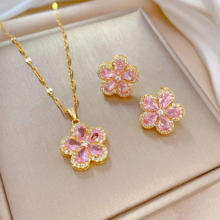 Elegant%202pcs%20Ladies%20Stainless%20Steel%20Flower%20Pendant%20Necklace%20Earring%20Set%20Suitable%20for%20Girls%20Stainless%20Steel%20Versatile%20Jewelry%20Accessories%20-%20Image%204