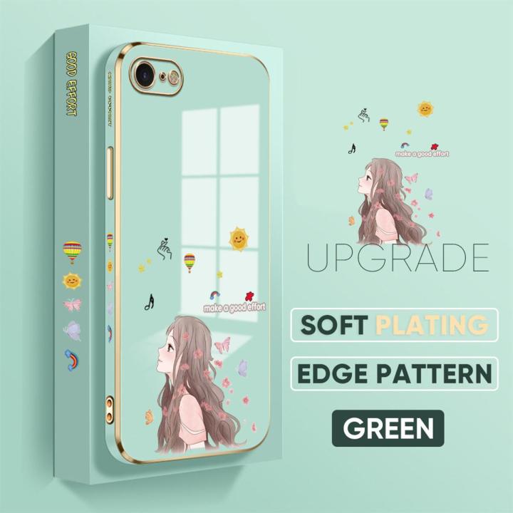 TA for iPhone 7 8 SE 2020 SE 2022 Back Cover + Free Lanyard Charming Girl Luxury 6D Plating Case Side Pattern Soft Silicone Square Phone Cases