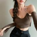 Women’s Casual Long Sleeve T-shirt Fashion Solid Color Boat Neck Exposed Navel Chain Halter Tops. 