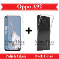 Oppo A92 Tempered Glass Screen Protector Polish Glass + Back Cover Soft Crystal Clear Transparent Case For A92. 