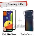 Samsung Galaxy A50s Black Full 9D Edge To Edge (Full Glue) Tempered Glass Screen Protector + Back Cover Transparent Crystal Clear Soft Case For Samsung Galaxy A50s. 