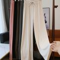 Ice Silk Wide-Leg Pants Women Cool Sweatpants Summer Thin Pleat Loose Straight Pants Office Lady Casual Drawstring Long Trousers. 