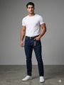 Men’s Dark Blue Slim-Fit Stylish Contrast Stitching Denim Jeans. 