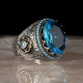 Retro Handmade Turkish Signet Ring For Men Women Ancient Silver Color Carved Ring Inlaid Blue Zircon Party Punk Motor Biker Ring. 