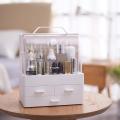 Modern Cosmetic Organizer Makeup Storage Holder, Display Make up Caddy Shelf Organization Boxes Case Dustproof, Handle and Drawer on Countertop. 