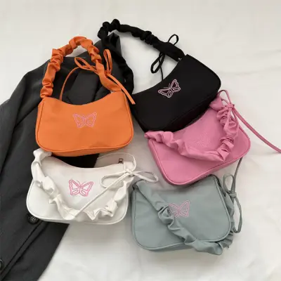 Nylon Material Embroidery Shoulder Bag  Construction Ruffle Design Compact Size Butterfly Tote Bag Y2k Handbag for Evening Outings Casual Accessory Youth Fashion Makeup Storage Daily Essentials