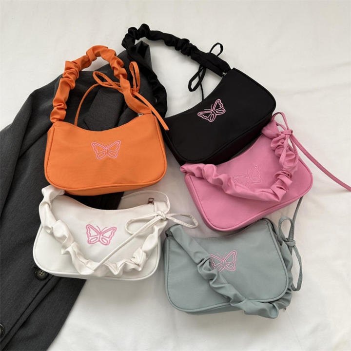 New Fashion Nylon Material Embroidery Shoulder Bag  Construction Ruffle Design Compact Size Butterfly Tote Bag Y2k Handbag for Evening Outings Casual Accessory Youth Makeup Storage Daily Essentials