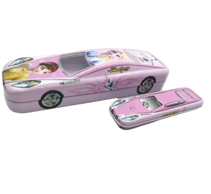 Double Compartment 2 in 1 Car Shape Metal Pencil Box for Girls and Boys Assorted Color and Design