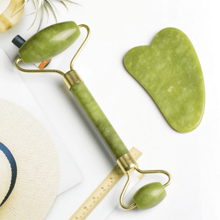 Flawless Natural Jade Face Roller Gua Sha Scraper Set Masssager for Face Neck Body Skincare Beauty Guasha Massage Tool Facial Slim Lift (Original Stone)