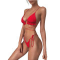 Women's Fashion Solid Color Backless Split Swimsuit Set  Lace Up Straped Bikini Two Piece Bathing Suit. 