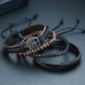 4-Piece Men’s Leather Wrap Bracelet Set – Vintage Tree of Life & Wood Beads. 