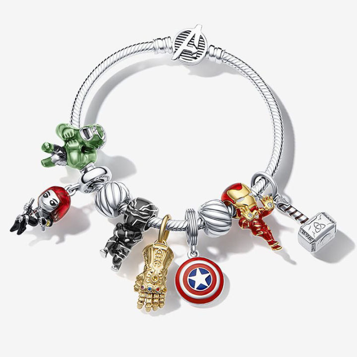 KEEMEEUYZO Marvel Charm Bracelet Iron Man Beaded Bracelet Captain America Shield Thor Hammer Hulk Thanos Pendant Diy Jewelry Bracelet