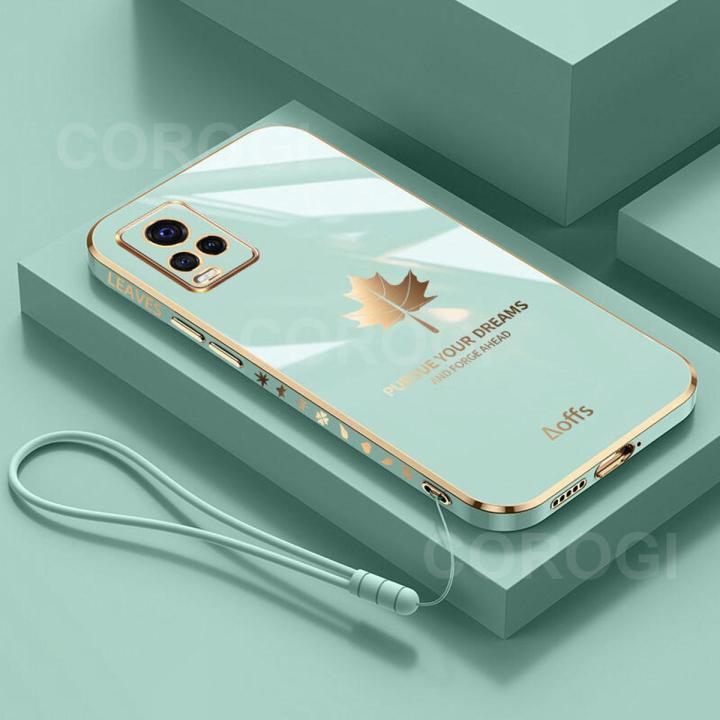 For Vivo V20 Back Cover with Lanyard Luxury Shiny Plating Maple Leaf Camera Lens Protection Square Edge Bumper Soft Silicone Protective Phone Case