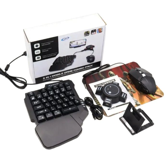 Gaming Set Bluetooth gaming kit WOW Mobile game 5in1 for Android IOS Windows PC phone with backlight Game Combo Pack /Gaming Converter/Wired Gaming Keypad Ergonomic One-headed PUBG / games with wire or with Bluetooth connection
