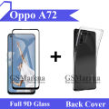 Oppo A72 Full Black 9D Tempered Glass Edge To Edge (Full Glue) Screen Protector + Back Cover Transparent Soft Crystal Clear Case For A72. 
