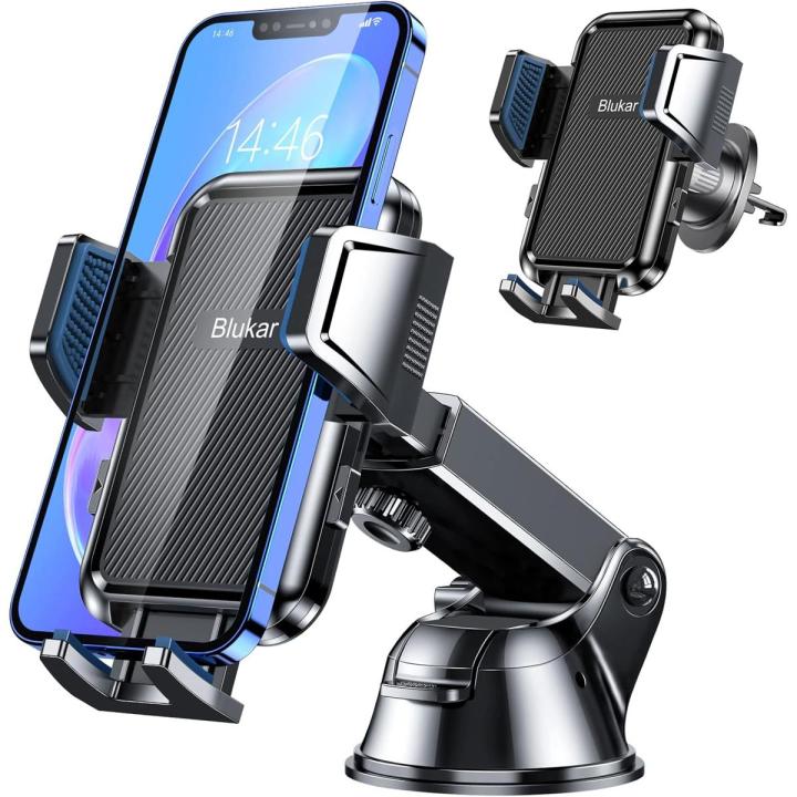 Blukar Car Phone Holder, Adjustable Car Phone Mount Cradle 360° Rotation - 4 in 1 Strong Suction Phone Holder for Car Dashboard, Windscreen, Air Vent - One Button Release for 4.0 to 6.7 inch Phones black