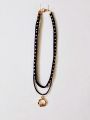 Fancy Black Leather String Layered Choker with Aesthetic Pendant. 