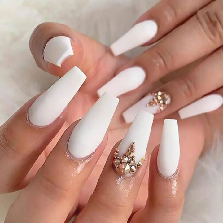 24 Pcs Medium Long Ballerina Press On Nails White Nails With Rhinestone matte Reusable Artificial False Nails For Women
