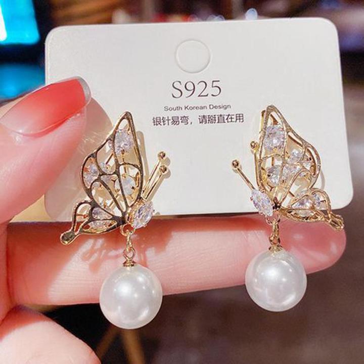 zirconia butterfly pearl earrings for girls - latest design