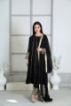 Noir Opulence: 3-Piece Hand-Embroidered Stitched Black Chiffon Suit with Gota, Cutdana, Moti, Dabka sleeves, Chiffon Dupatta Pallu, Silk Trousers - a symphony of exquisite craftsmanship and elegance. 