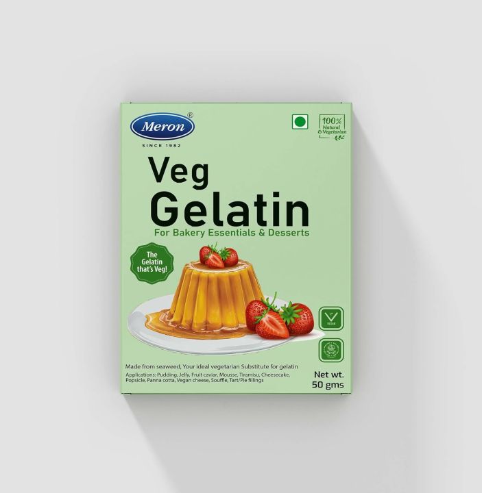 Meron Veg Gelatin 50g | Perfect for Vegans | 100% Natural | Colour & Odourless | Halal & Kosher Certified | For Jellies & Puddings | 50g box