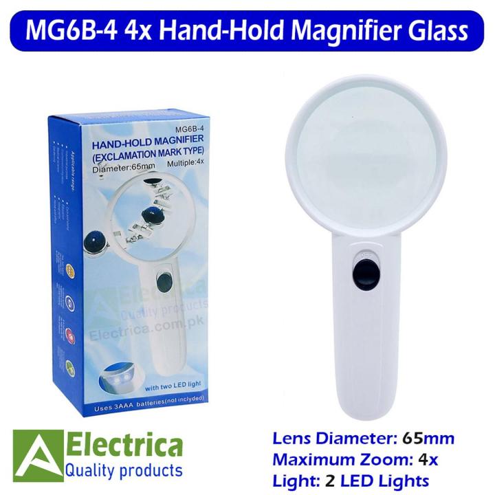 MG6B-4 4x 65mm Zoom Hand-Hold Magnifier Glass With Two LED Lights Exclamation Mark type Magnifier Battery not included by Electrica