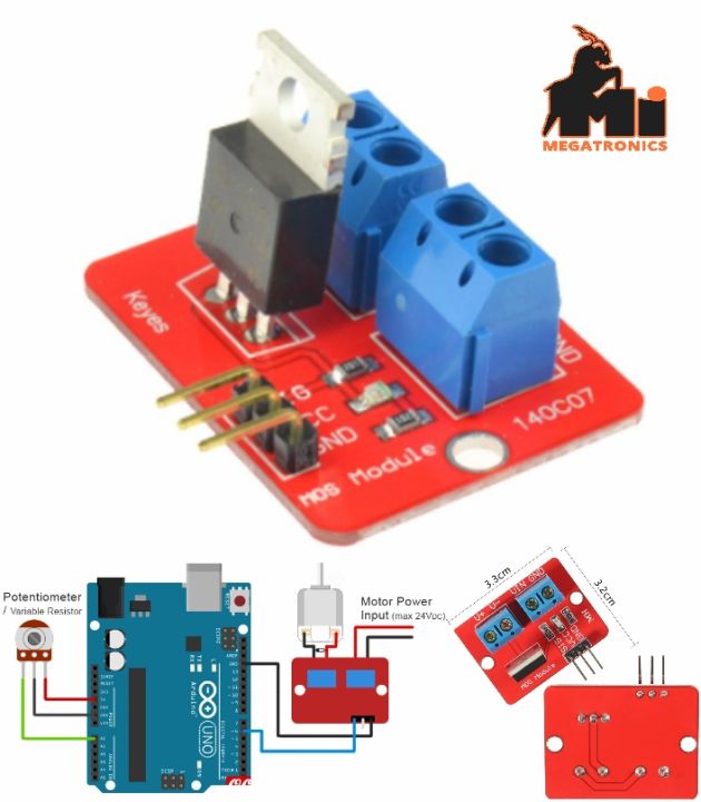 IRF520 Mosfet motor Driver Module VCC goes to the 5V connection, and GND to the GND pin on your Arduino