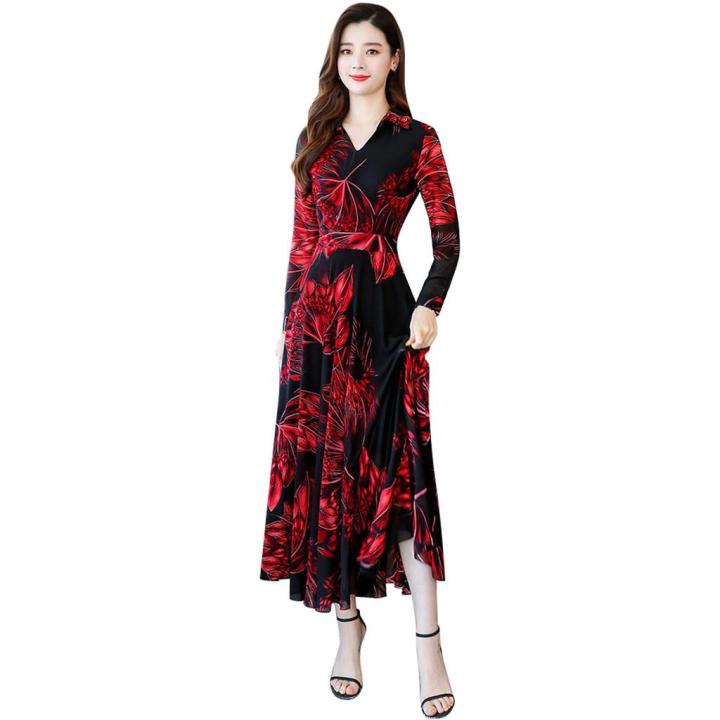 V-Neck%20Long%20Sleeve%20Long%20Ladies%20Floral%20Print%20A-line%20Casual%20Women%20Dresses%20-%20Image%203