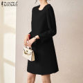 ZANZEA Women Formal Office Full Sleeve O-Neck Solid Dress Elegant Commute A-Line Dresses #11. 