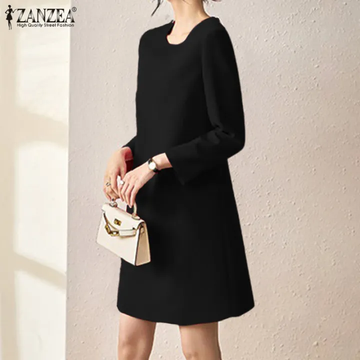 ZANZEA%20Women%20Formal%20Office%20Full%20Sleeve%20O-Neck%20Solid%20Dress%20Elegant%20Commute%20A-Line%20Dresses%20#11%20-%20Image%204