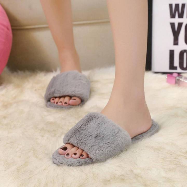 Ladies Slip On Sliders Faux Fur Slipper