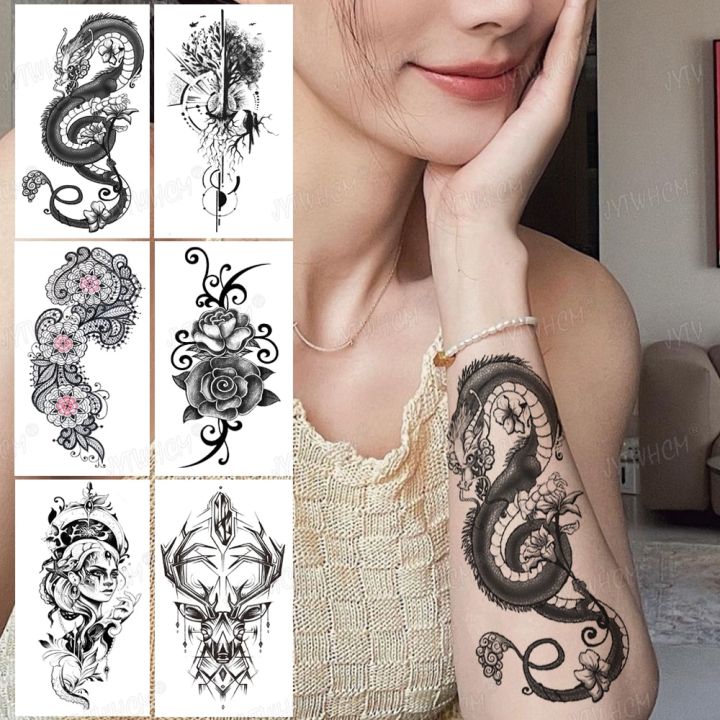 【Good-Love Store】Temporary Tattoo Sticker Black Ice Dragon Blossom Flash Tattoos Tree Fox Body Art Arm Fake Tatoo Women