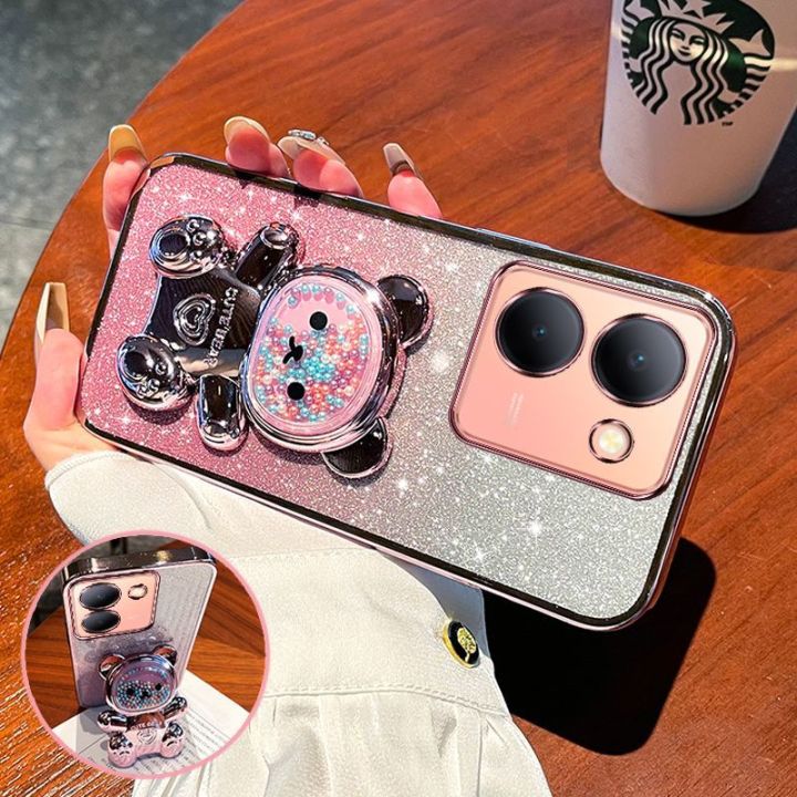 For Vivo Y17s Y27s Y16 Back Cover with 3D Bear Hidden Stand Bracket Luxury 6D Gradient Shiny Plating Glitter Women Phone Case Clear Soft Silicone Protective Cases Pouch Girls
