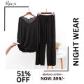 REXBAZAR - Plain Black V Neck with Palazzo Style Pajama Full Sleeves night suit for her. 
