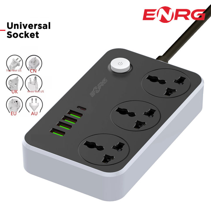 Energy - ENRG Smart Universal Extension Board 3 Power Socket + 3 Usb Plug + 2 Type C Fast For Mobile Charging Ports With 1.8 Meter Heavy Duty Copper Wire Black