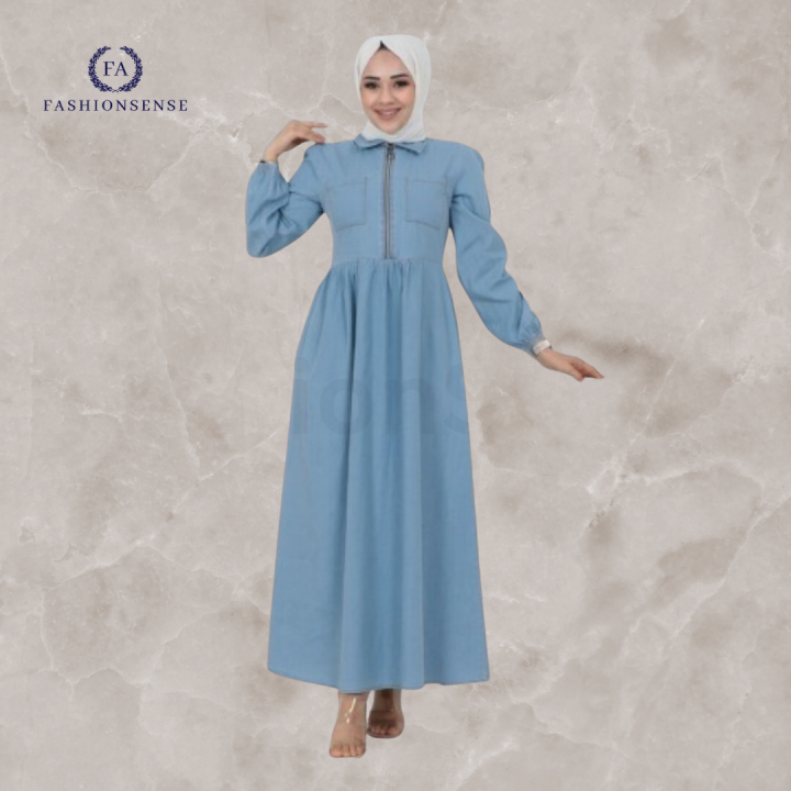 FashionSense%20Summer%20Maxi%20Style%20Denim%20Abaya%20with%20Half%20Body%20Zipper%20and%20Elastic%20Sleeves%20-%20Image%202