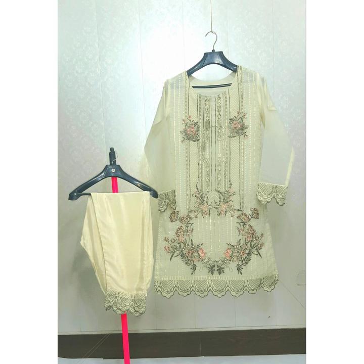 Women clothes design for summer off white Organza Shirt Dupatta with Russian Trouser