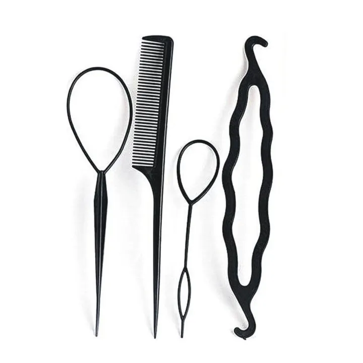 4%20Pcs%20Set%20Styling%20Clip%20Bun%20Maker%20+%20Hair%20Twist%20Braid%20Ponytail%20Tool%20With%20Rat%20Tail%20Comb%20Tool%20Makes%20stylish%20hair%20Volumes%20Up%20Hair%20-%20Image%203
