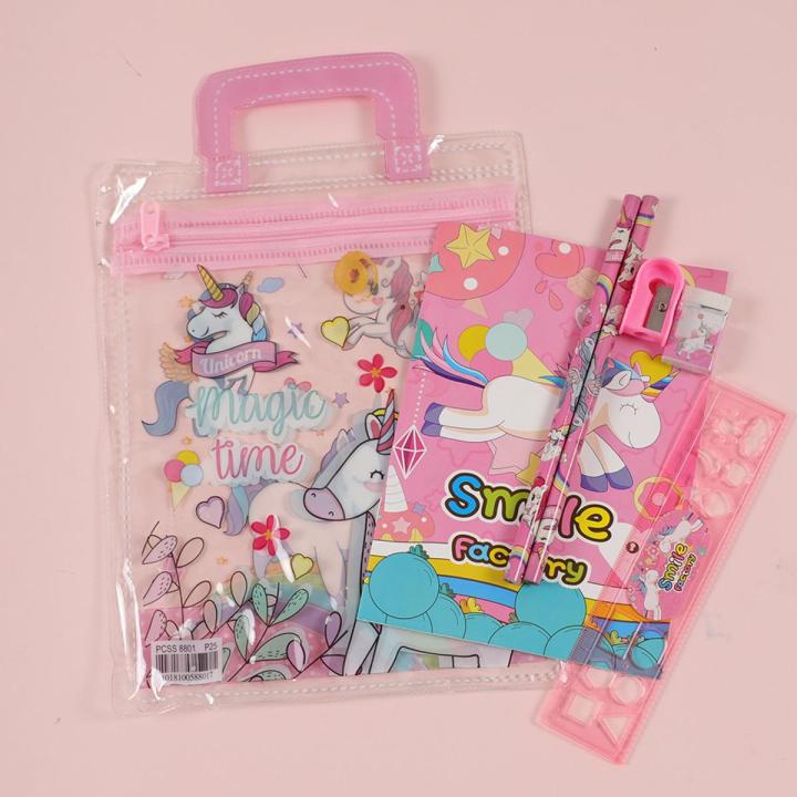 7Pcs/Bag Kawaii Dream Unicorn Pencil Case Ruler Pencil Eraser Booklet Pencil Sharpener Stationery Set Children Gift Stationery