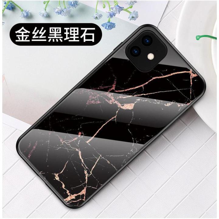 For Iphone 11 Marble Case, Gemstones Glass Back + Soft TPU Frame Patterned Shockproof Cover Casing